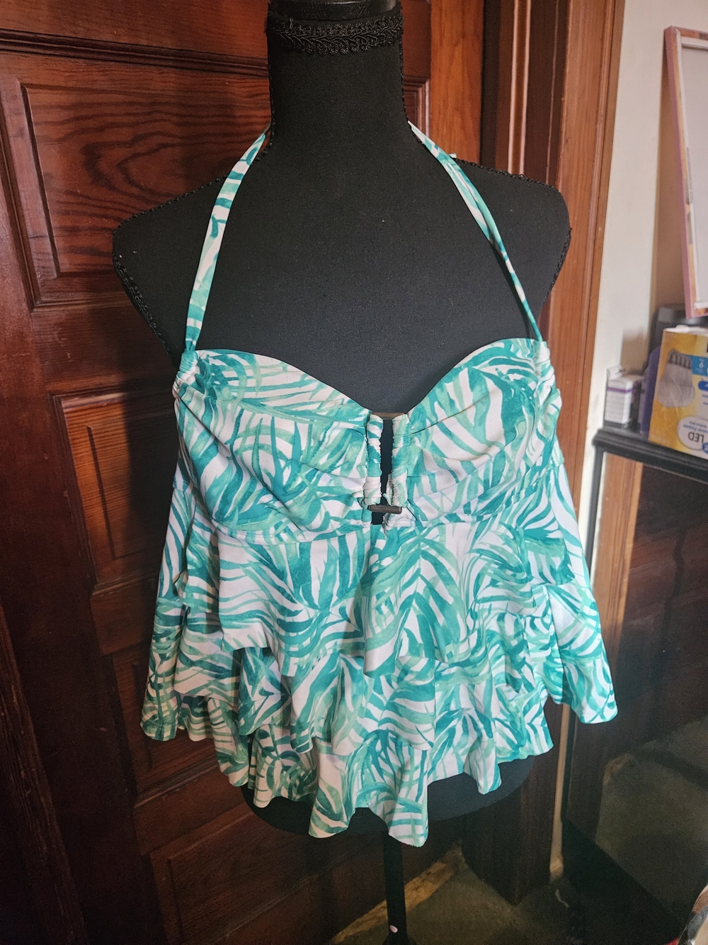 Catalina Turquoise & White Swim Top with Halter Neck